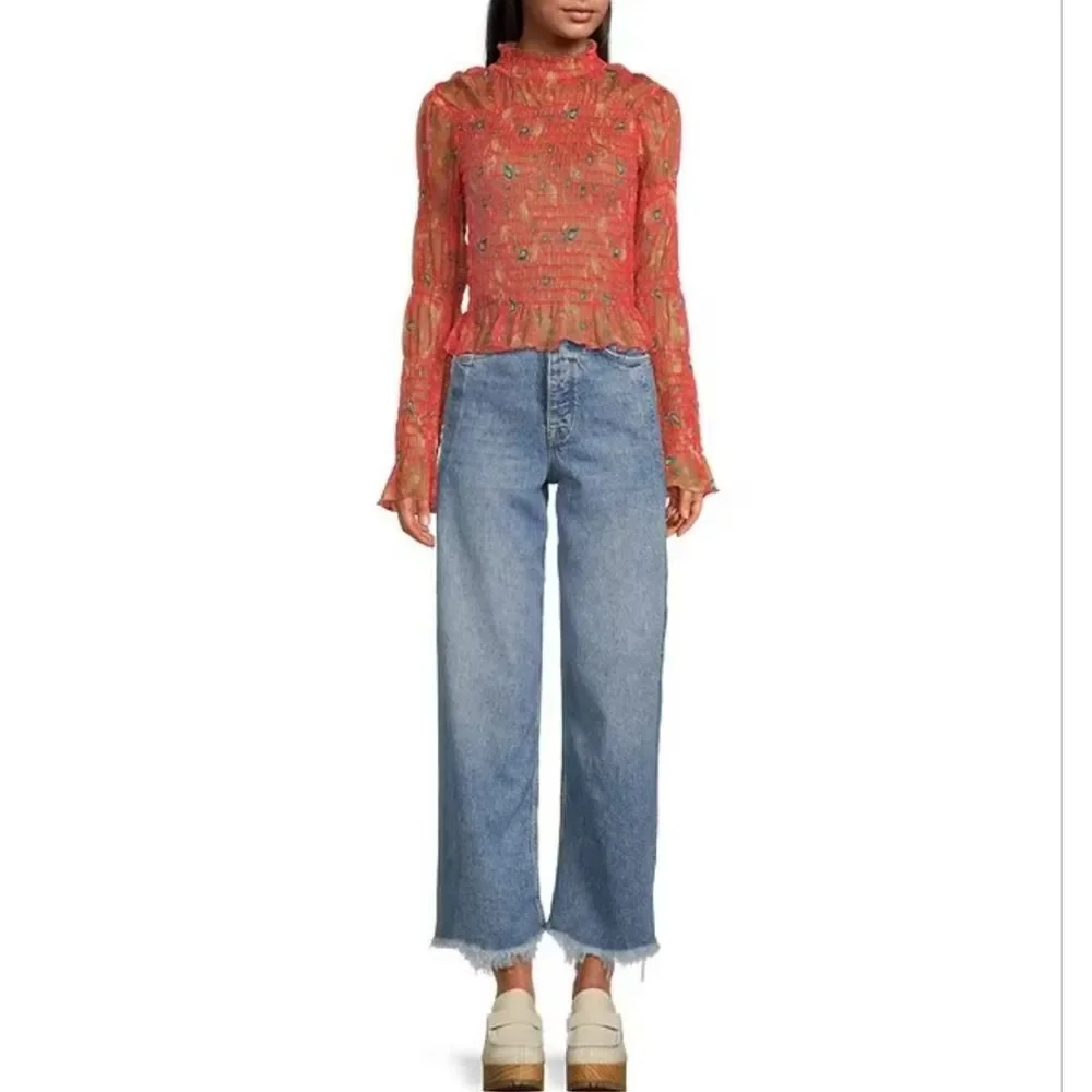 Free People Floral Shirred Mesh Bell Sleeve Fairycore Hippie Rock Top XL - Picture 1 of 14